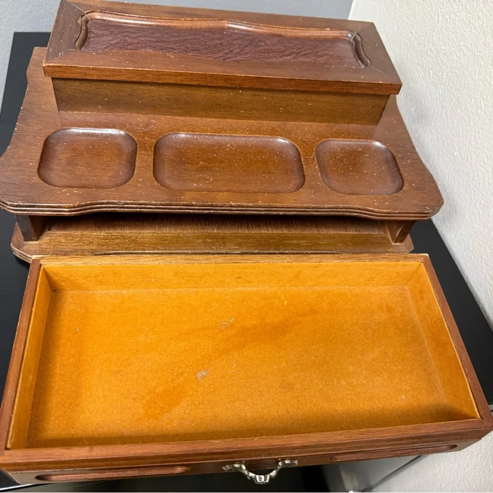 VTG Wood Dresser Valet Box w Drawer Jewelry Change Tie Clips Keys Rings Necklace
